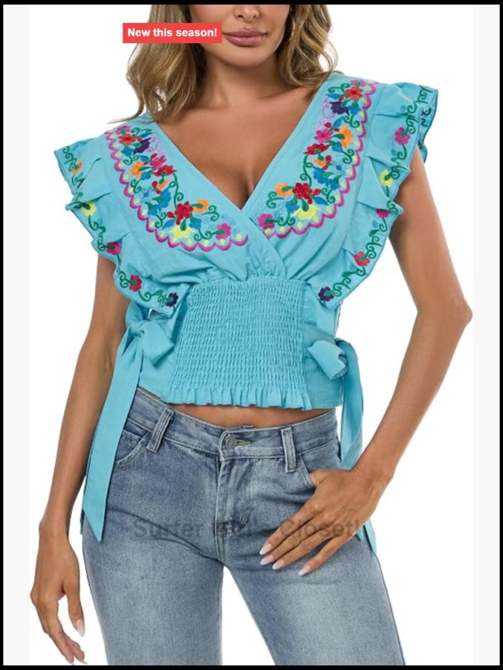 Mexican Embroidered Off-Shoulder Cotton Crop Tank Top Boho V-Neck